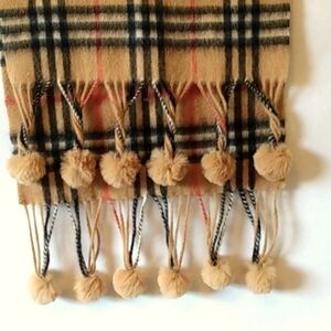 CASHMERE WOOL Shawl Scarf  Rectangular Wrap Tan Blk Red 100% Rabbit Pom Poms